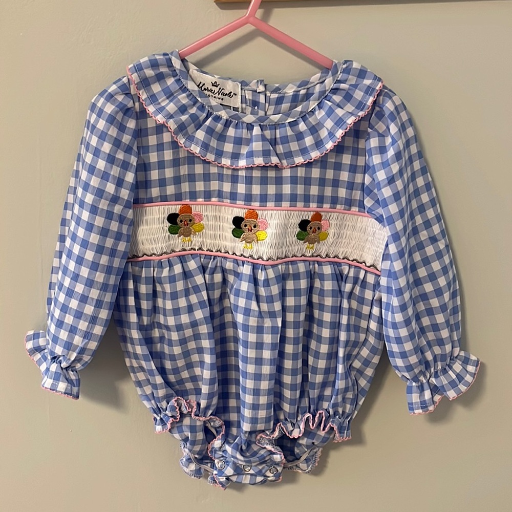 NWT Marie Nicole Clothing Boutique Smocked Gingham Turkey Girl Bubble 18-24month